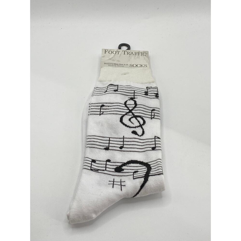 FOOT TRAFFIC Women's White-Black Music Note Print Crew Socks SZ 4-10